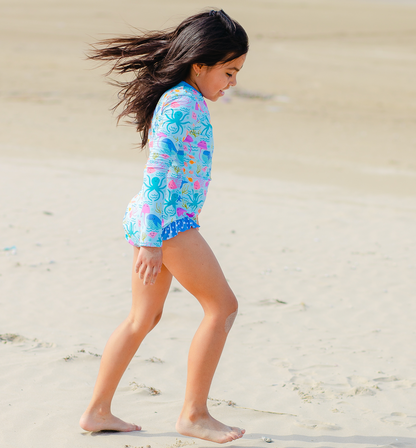 Millie Loves Lily Girls Swim One-Piece Rashguard - Ice Blue Sea Creatures - FINAL SALE