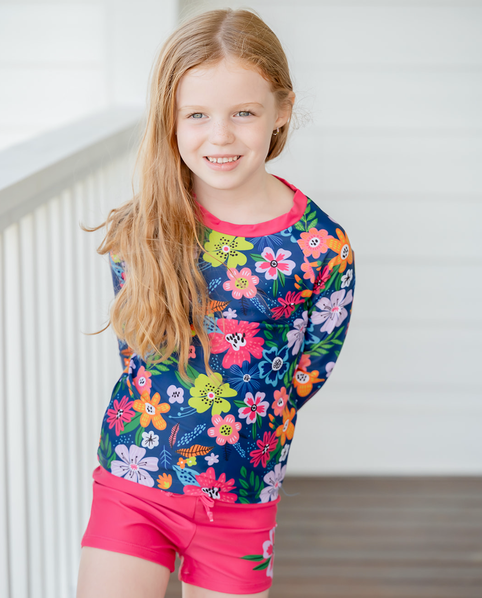 Millie Loves Lily Girls Swim Long-Sleeve 3-PC Rashguard Set - Fuchsia Adele Floral