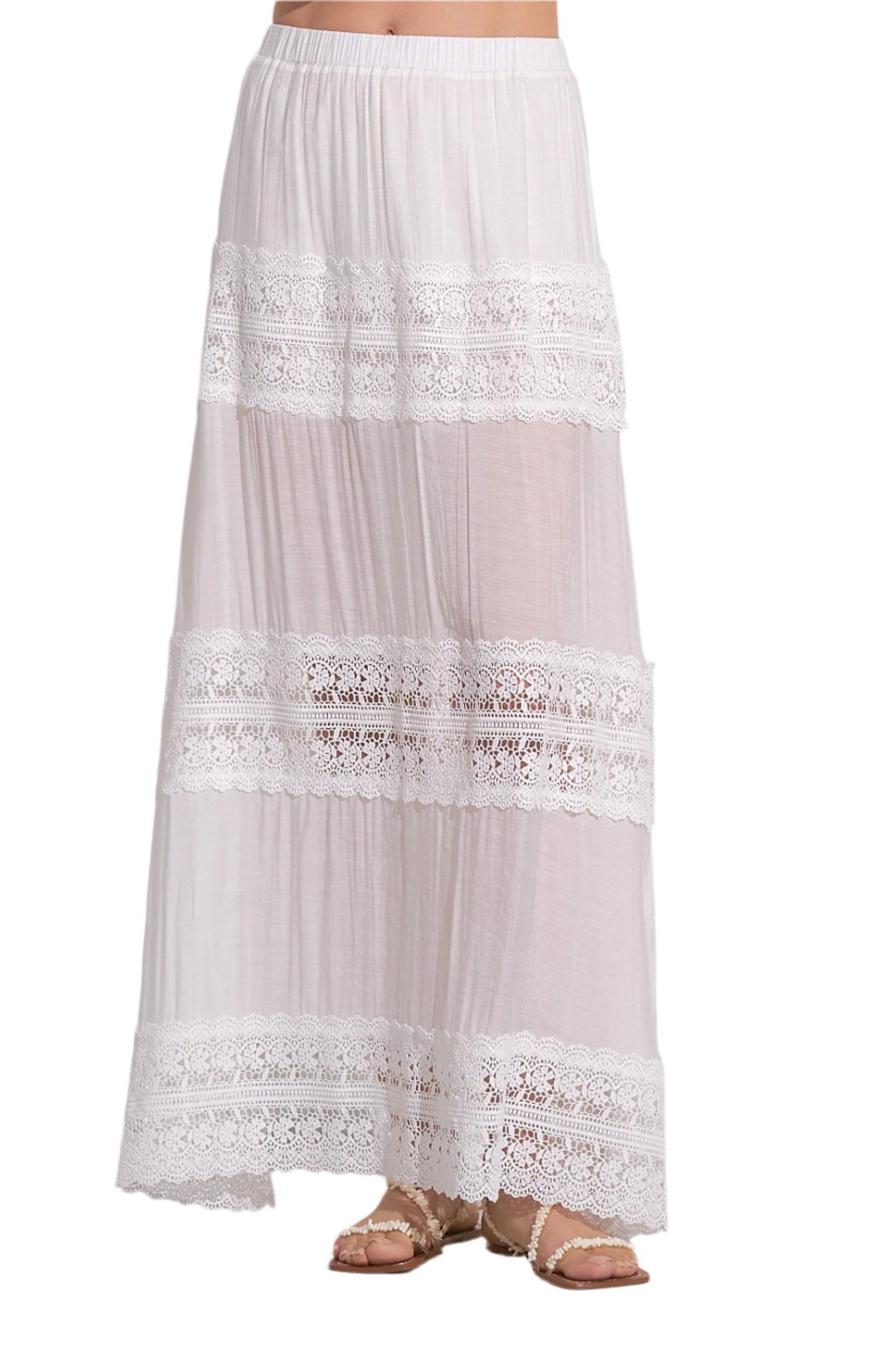 Elan Crochet Inset Tiered Maxi Skirt - White