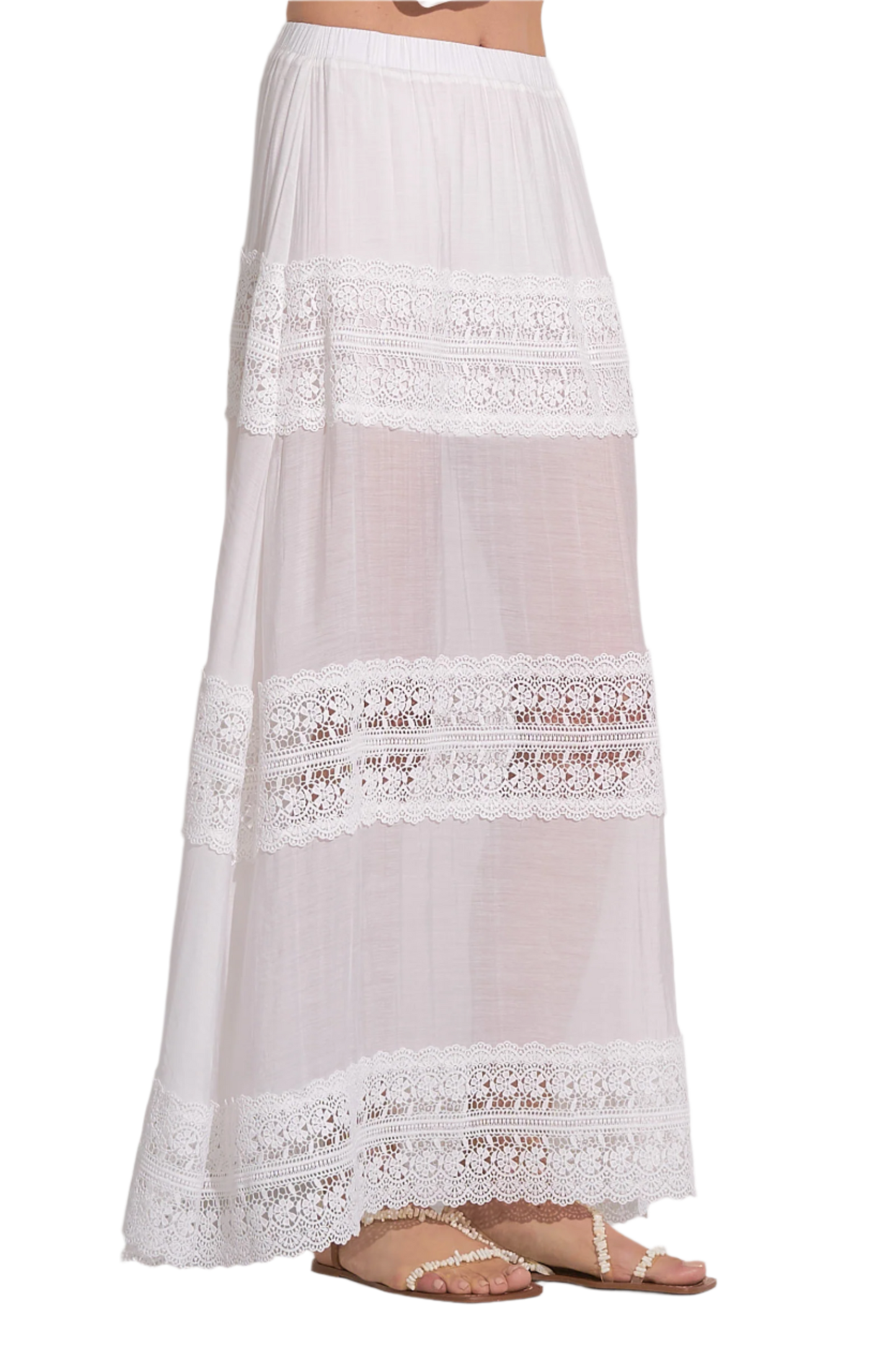 Elan Crochet Inset Tiered Maxi Skirt - White