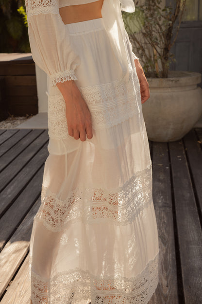 Elan Crochet Inset Tiered Maxi Skirt - White - FINAL SALE