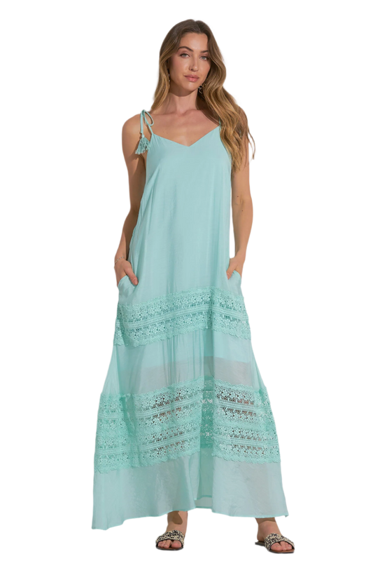 Elan Tiered Crochet Inset Maxi Dress - Aqua