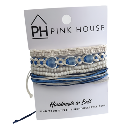 Pink House Arm Deco Beach Glass Pull Bracelets Set/4 - Blue