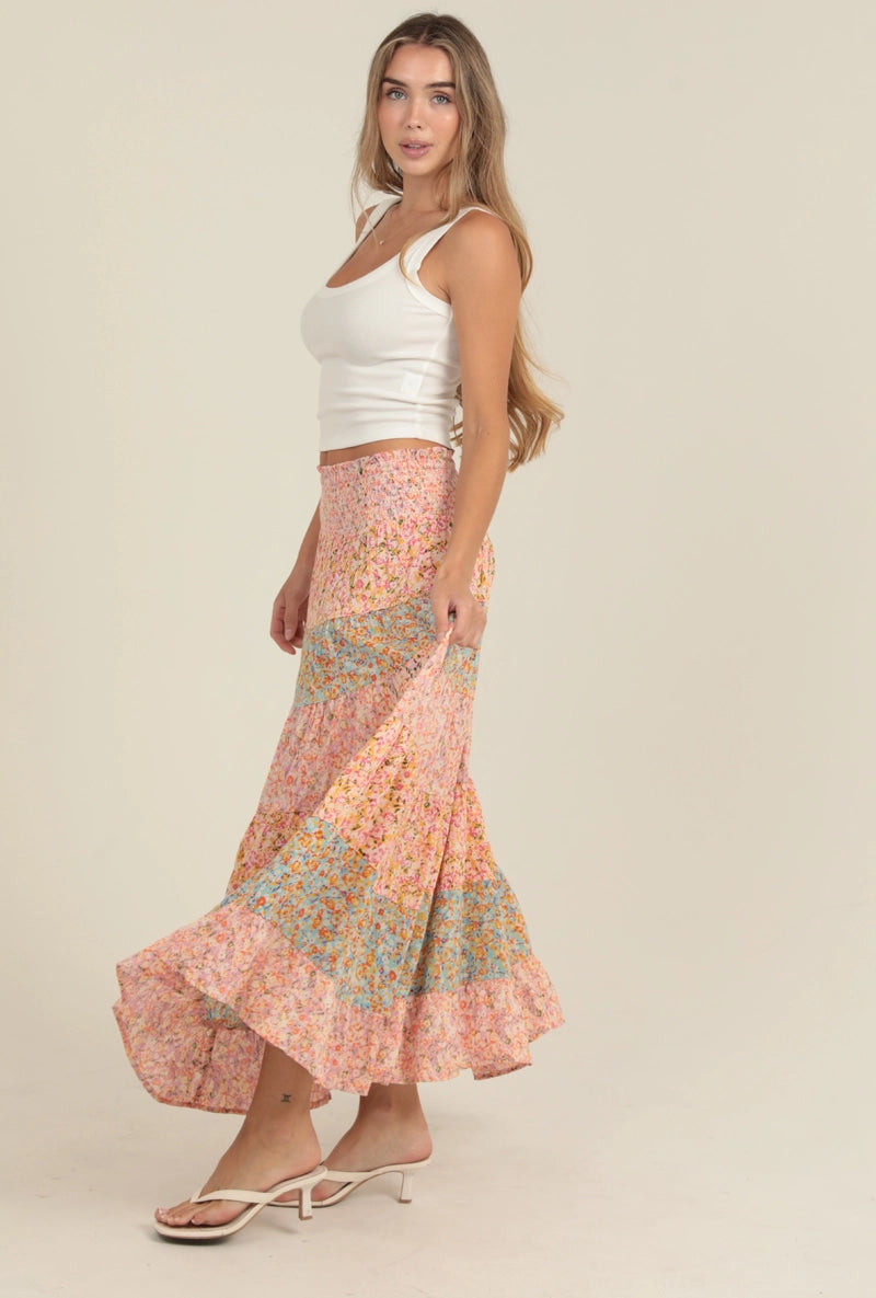 Angie Mixed Print Tiered A Line Maxi Skirt - Pink