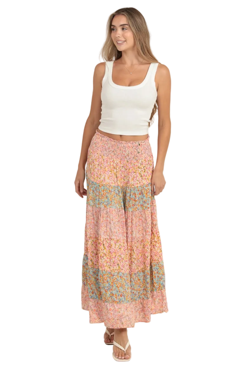 Angie Mixed Print Tiered A Line Maxi Skirt - Pink