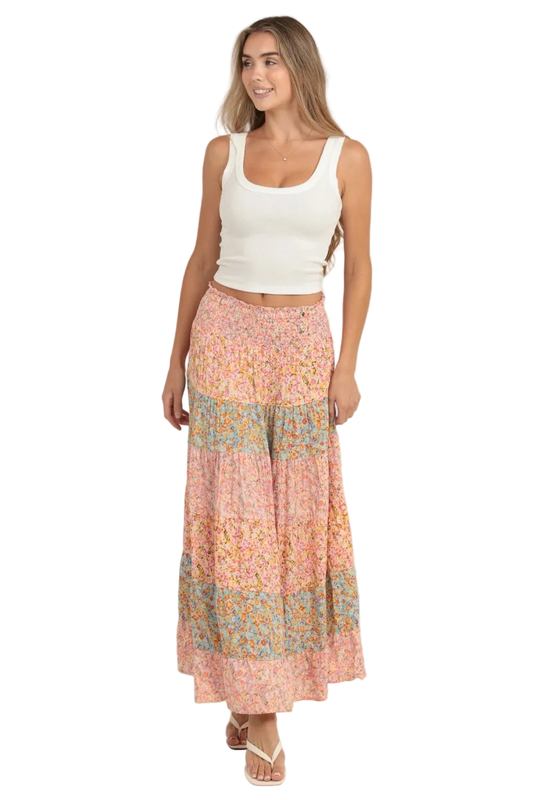 Angie Mixed Print Tiered A Line Maxi Skirt - Pink