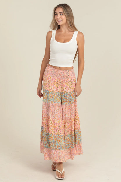 Angie Mixed Print Tiered A Line Maxi Skirt - Pink - FINAL SALE