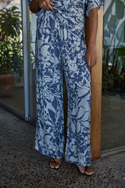 By Together Woven Rayon Floral Print Wide Pants - Blue Floral - FINAL SALE