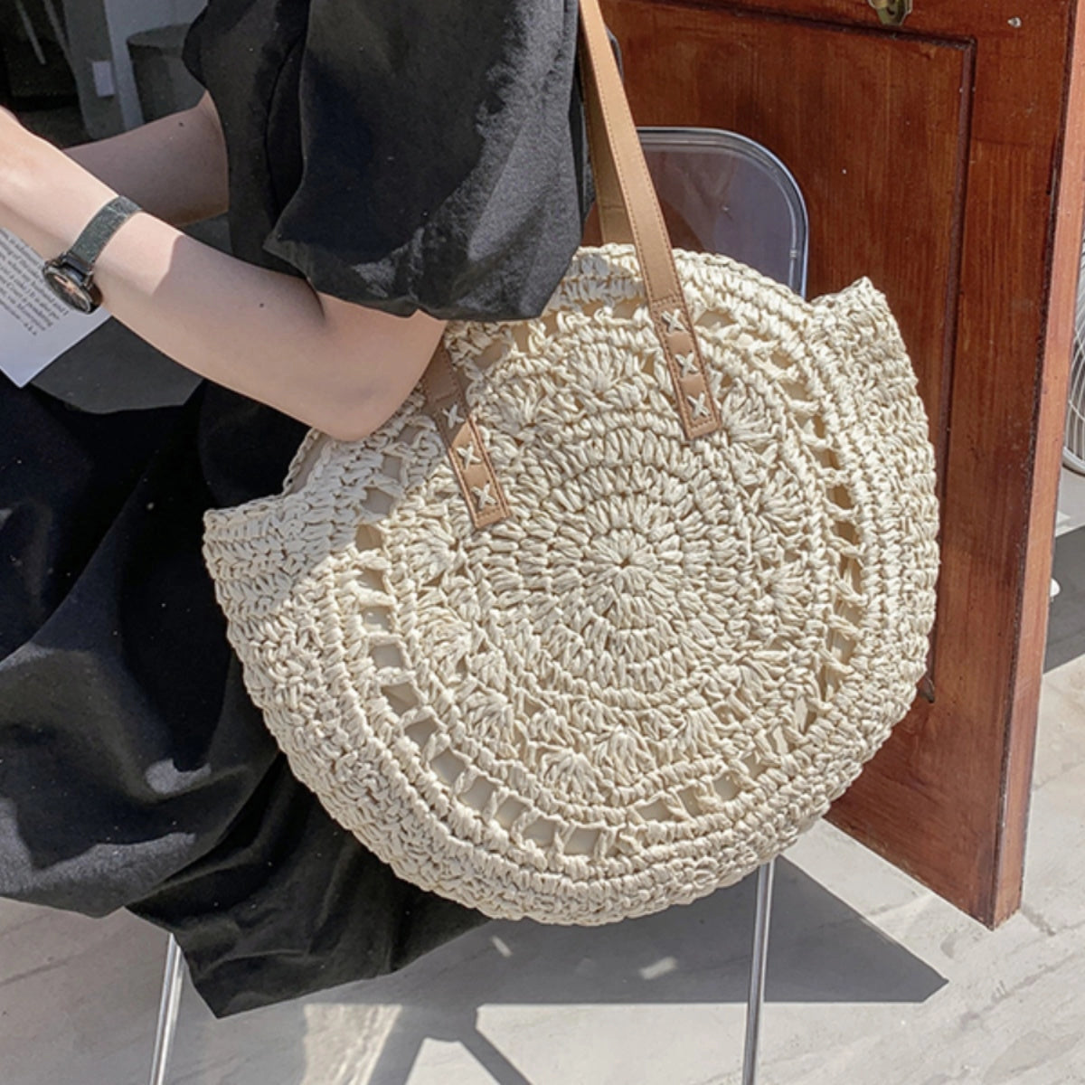 SSR Round Woven Tote Beach Bag - Beige