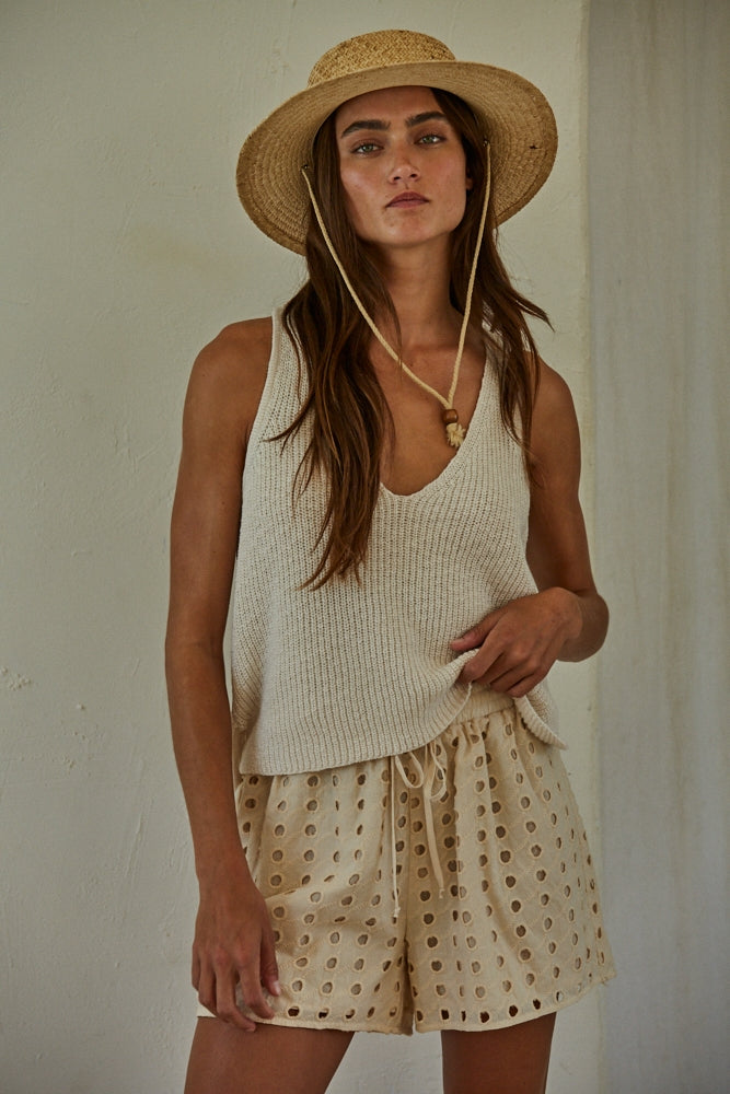 By Together Cotton V-Neck Sleeveless Knit Tank Top - Cream