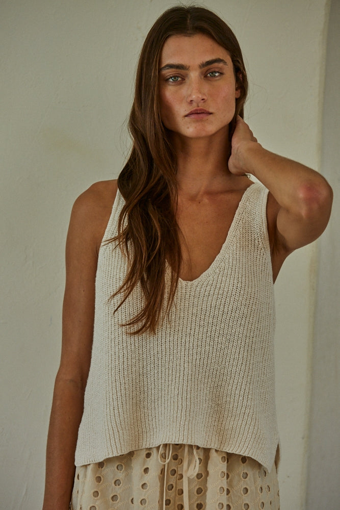 By Together Cotton V-Neck Sleeveless Knit Tank Top - Cream