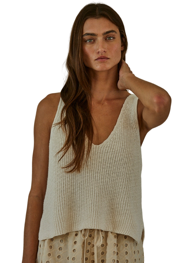 By Together Cotton V-Neck Sleeveless Knit Tank Top - Cream