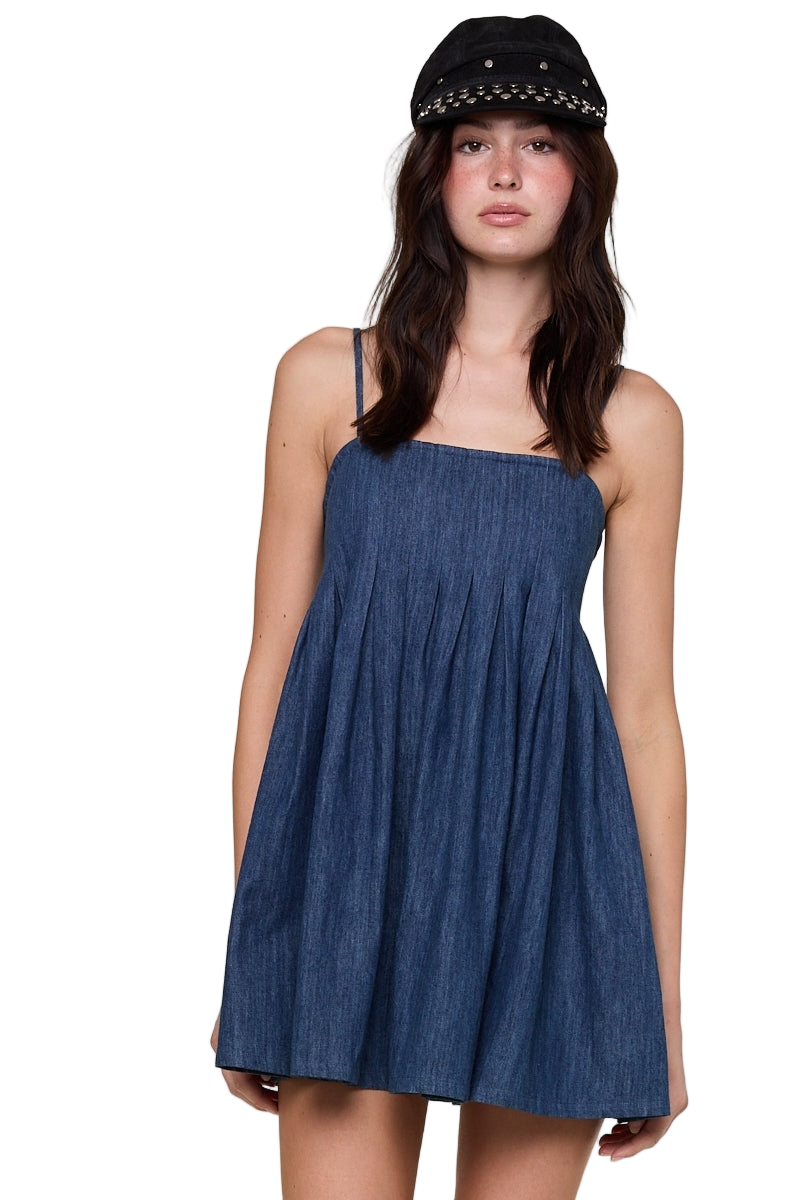 Sky To Moon Washed Square Neck Casual Swing Mini Dress - Denim