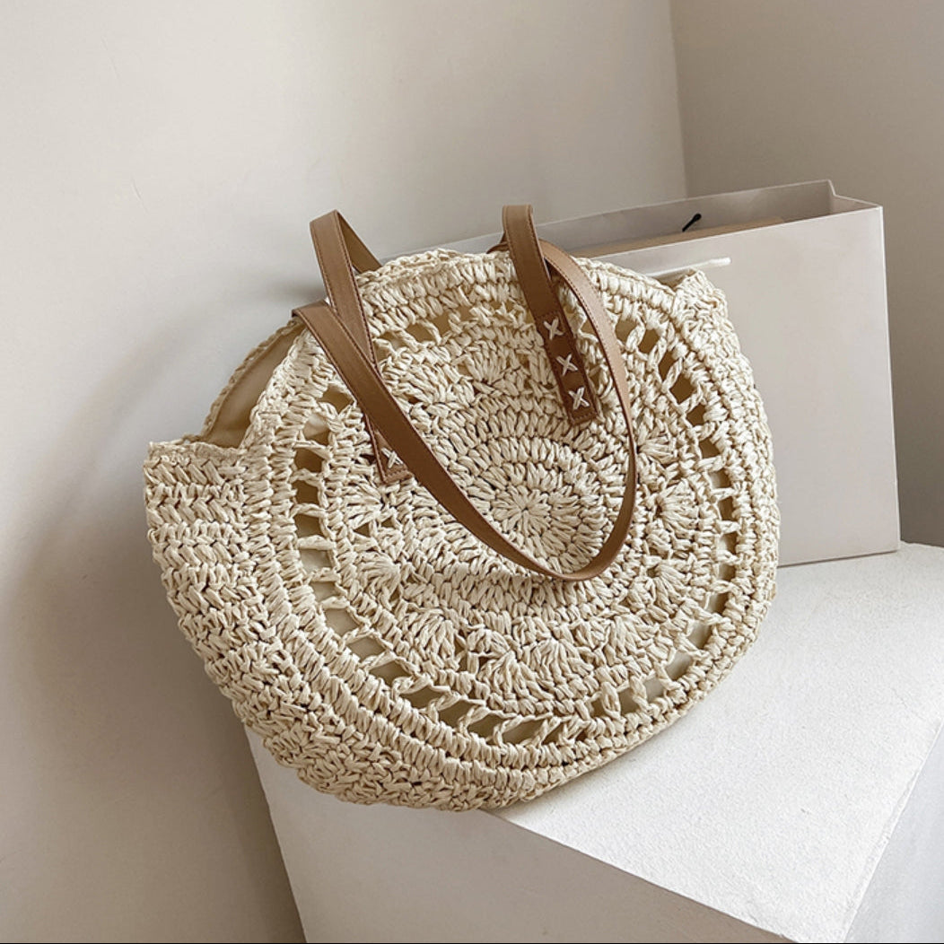 SSR Round Woven Tote Beach Bag - Beige