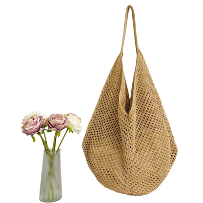 SSR Knit Hollow Braided Shoulder Beach Bag Tote - Khaki