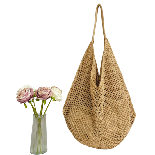 SSR Knit Hollow Braided Shoulder Beach Bag Tote - Khaki