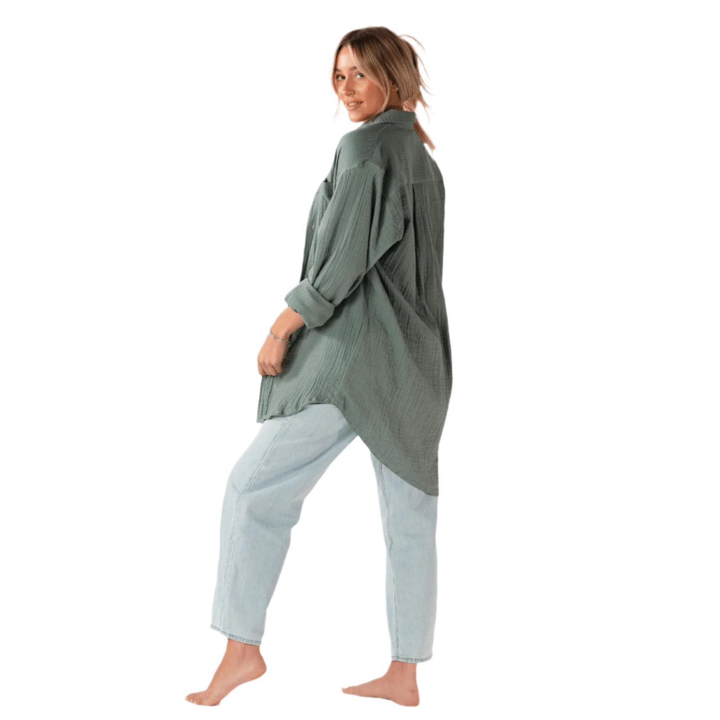 Lotus and Luna Button Up Boyfriend Shirt - Sage