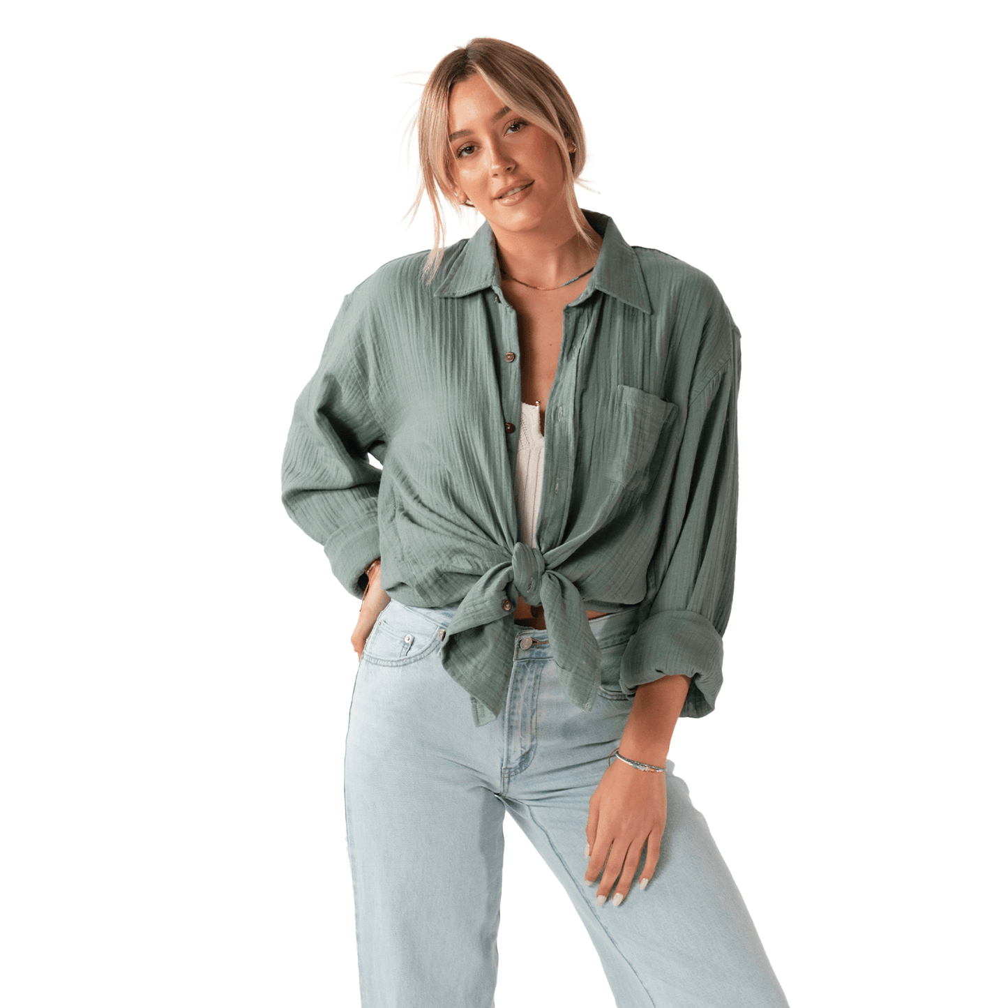 Lotus and Luna Button Up Boyfriend Shirt - Sage