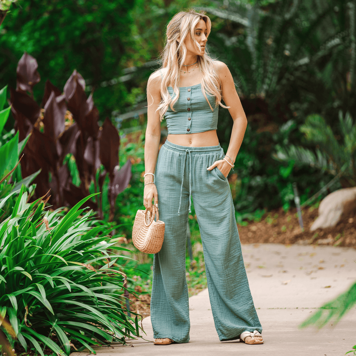 Lotus and Luna Wide Leg Cabana Pants - Sage