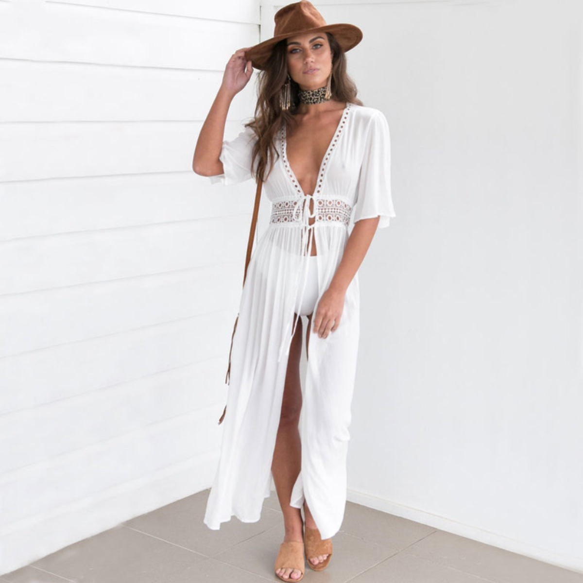 Rosa Cardigan Lace Women's Beach Long Beach Cover Up - White