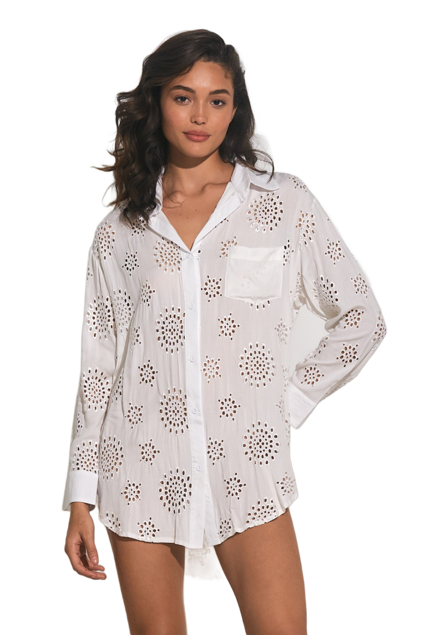 Elan Button Up Big Shirt Cover Up - White