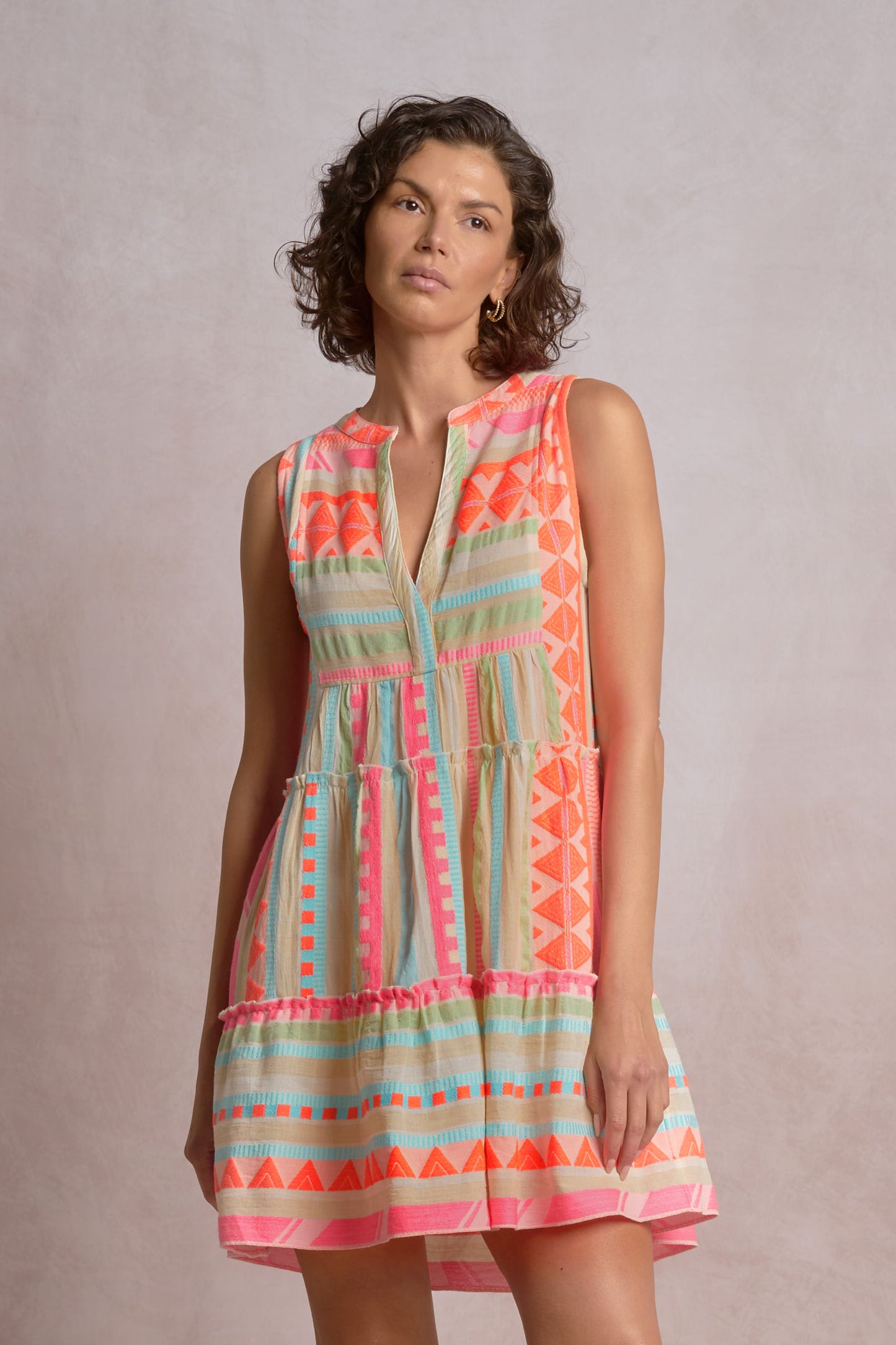Elan Sleeveless A-Line Short Dress - Neon Aztec