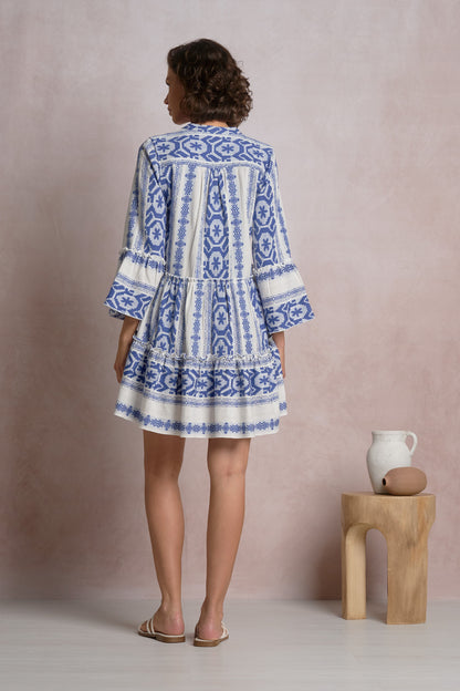 Elan Long Sleeve A-Line Short Dress - Natural Blue