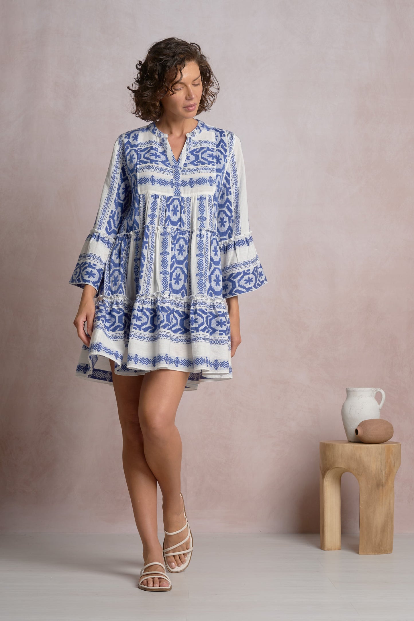 Elan Long Sleeve A-Line Short Dress - Natural Blue