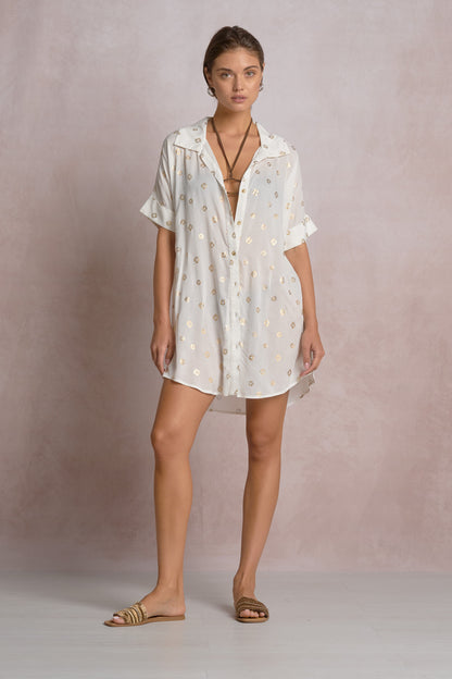 Elan Collared Button Down Coverup Shirt Dress -  White Polka Dot - FINAL SALE