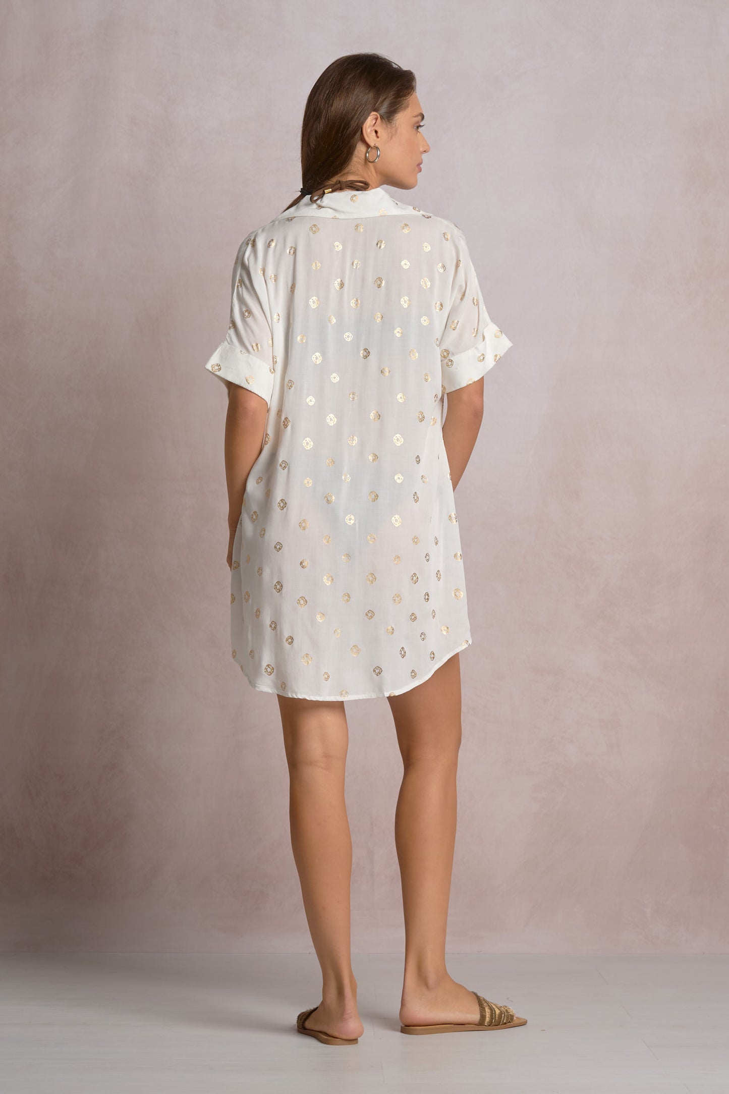 Elan Collared Button Down Coverup Shirt Dress -  White Polka Dot