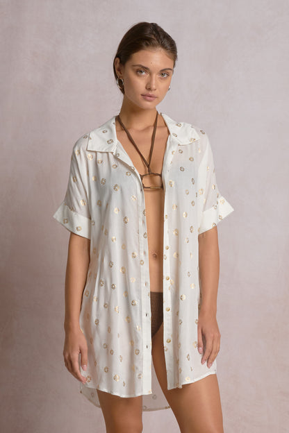 Elan Collared Button Down Coverup Shirt Dress -  White Polka Dot - FINAL SALE