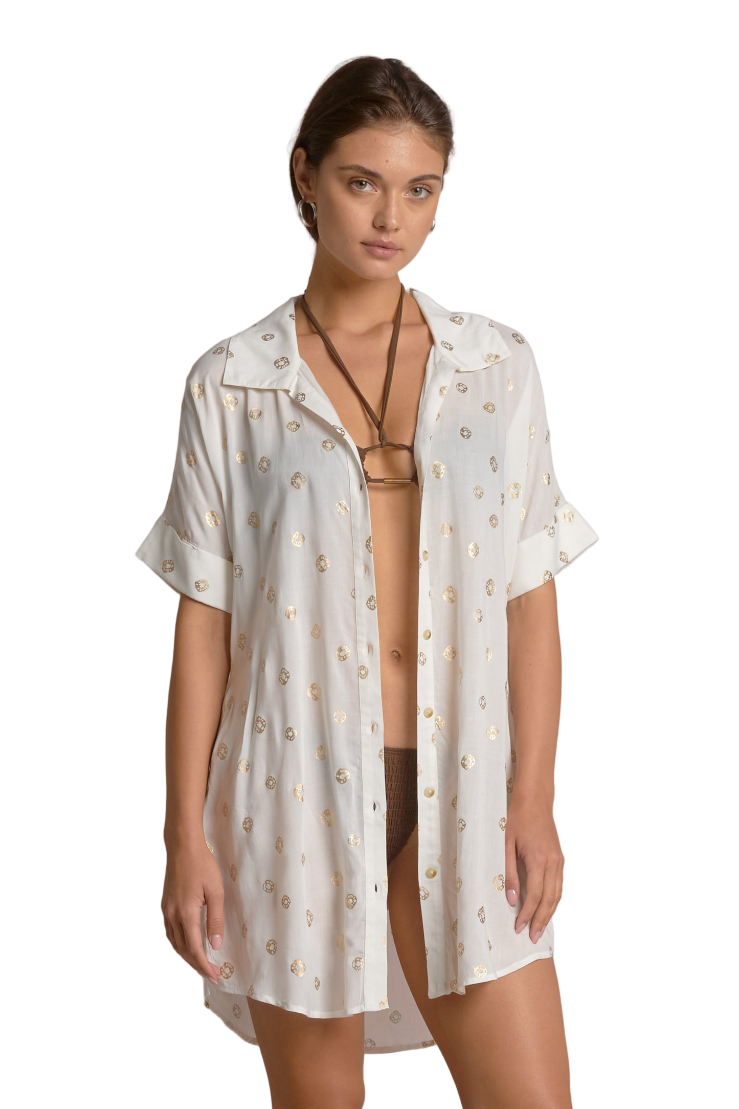 Elan Collared Button Down Coverup Shirt Dress -  White Polka Dot