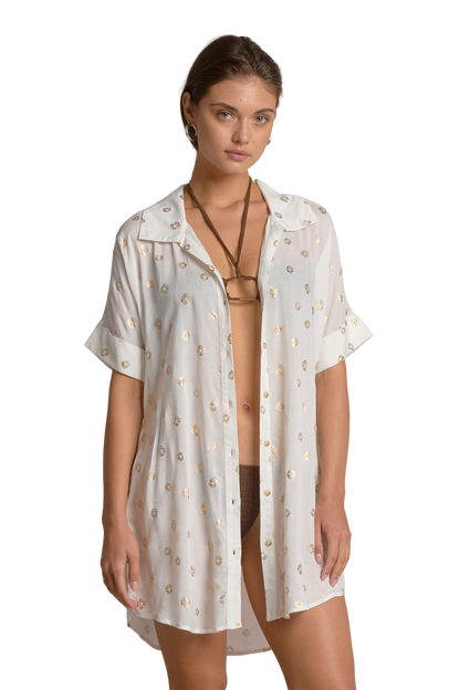 Elan Collared Button Down Coverup Shirt Dress -  White Polka Dot - FINAL SALE