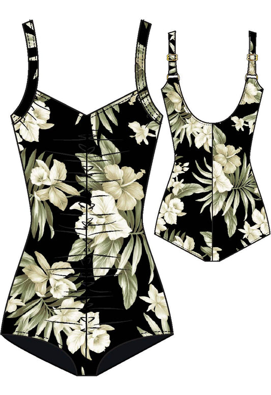 Maxine Of Hollywood Printed Spa Shirred Front Girl Leg One Piece - Greenery