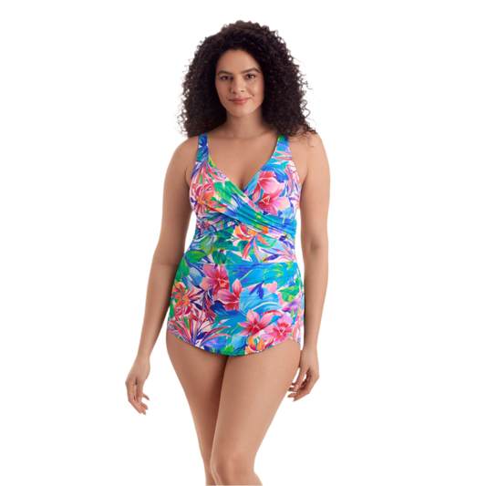 Shapesolver Crossover Sarong One Piece Swimsuit - Water Tropics