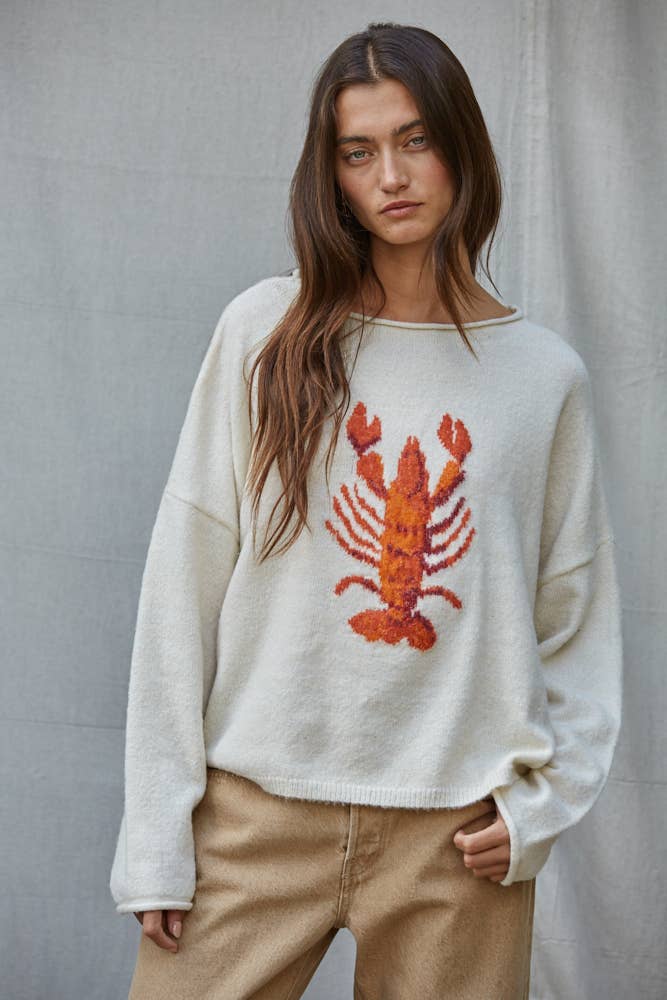 By Together Oversized Knit Long Sleeve Lobster Sweater - Cream