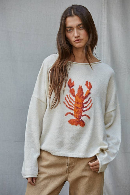 By Together Oversized Knit Long Sleeve Lobster Sweater - Cream
