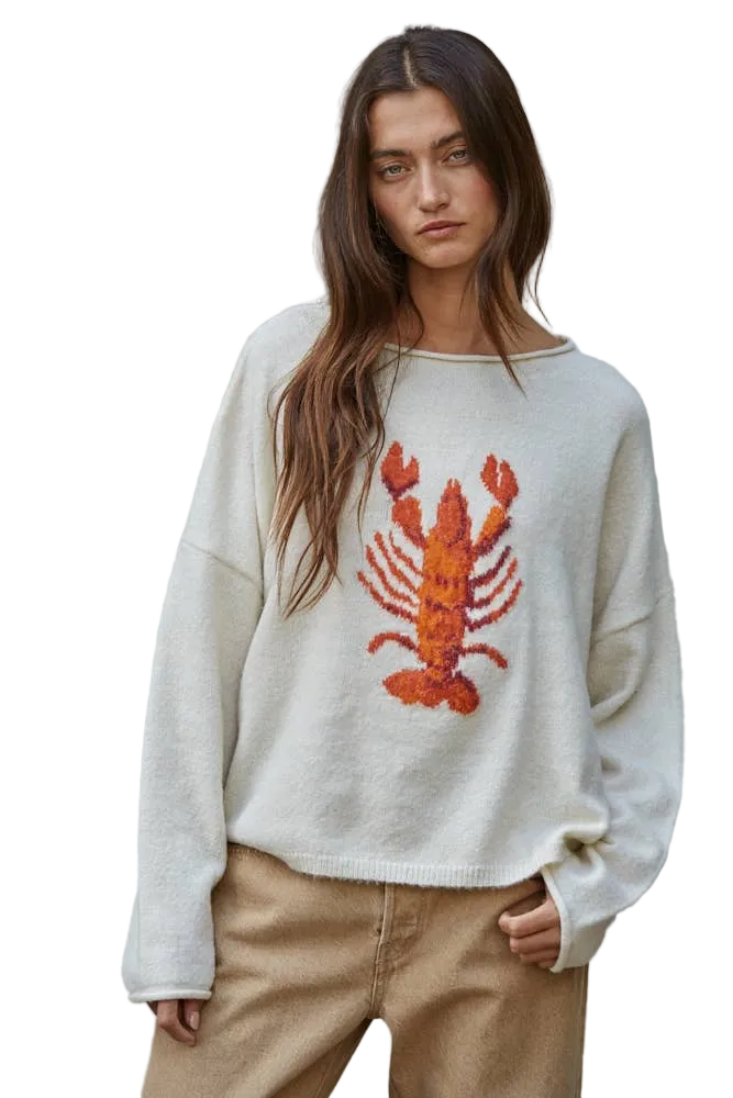 By Together Oversized Knit Long Sleeve Lobster Sweater - Cream