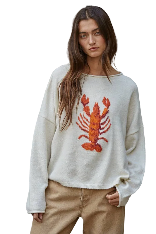 By Together Oversized Knit Long Sleeve Lobster Sweater - Cream