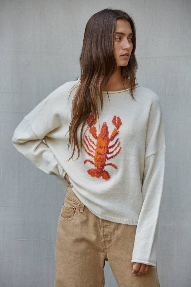 By Together Oversized Knit Long Sleeve Lobster Sweater - Cream