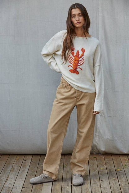 By Together Oversized Knit Long Sleeve Lobster Sweater - Cream