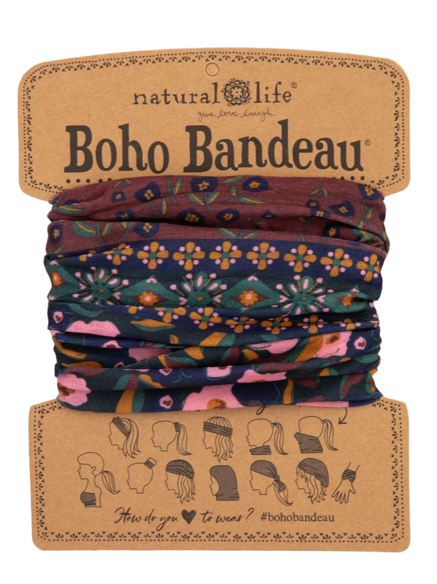 Full Boho Bandeau Headband - Wine Floral Border Full Boho Bandeau Headband - Wine Floral Border