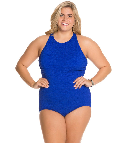 Penbrooke Krinkle Plus Size Chlorine Resistant High Neck One Piece Swimsuit - Royal - FINAL SALE