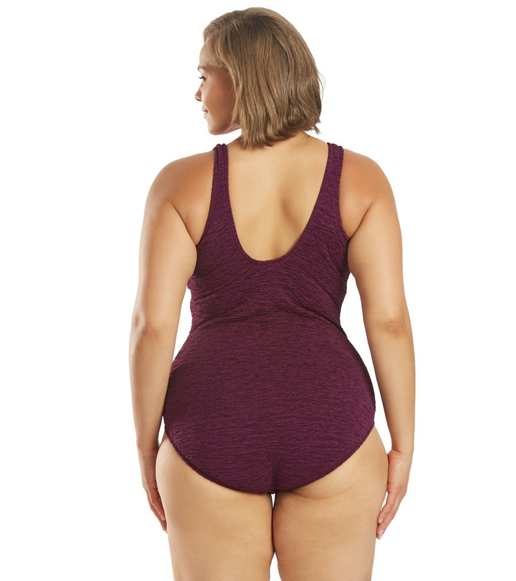 Penbrooke Krinkle Plus Size Chlorine Resistant Mock Surplice One Piece Swimsuit - Eggplant