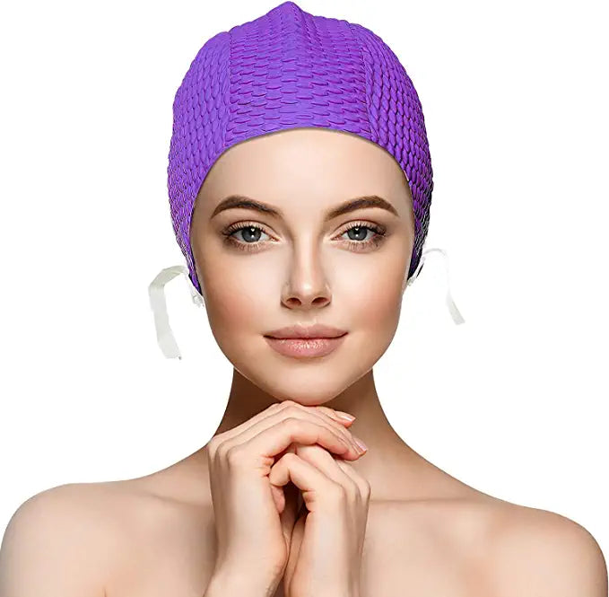 Water Gear Natural Rubber Bubble Swim Cap With Strap - Purple