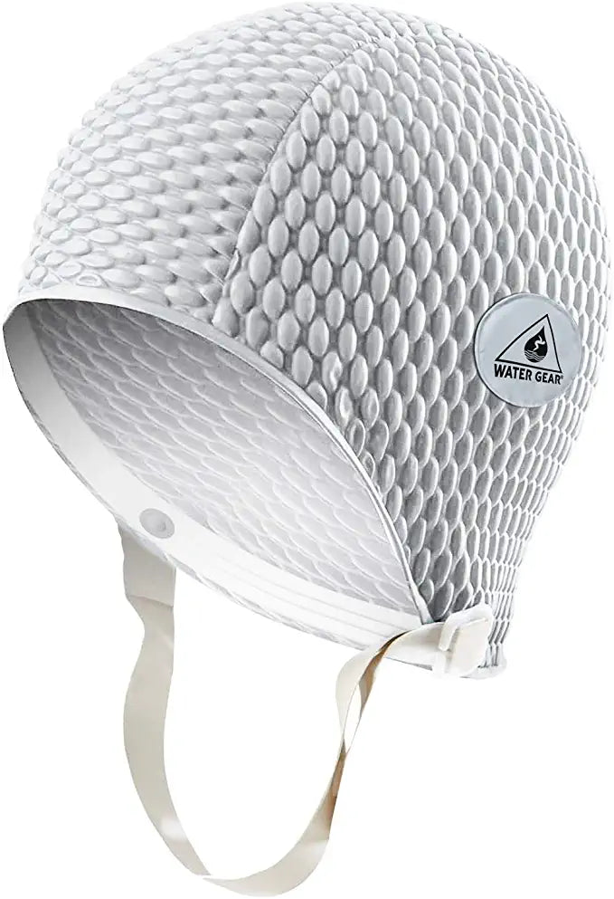 Water Gear Natural Rubber Bubble Swim Cap With Strap - White