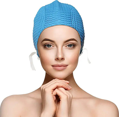 Water Gear Natural Rubber Bubble Swim Cap With Strap - Blue