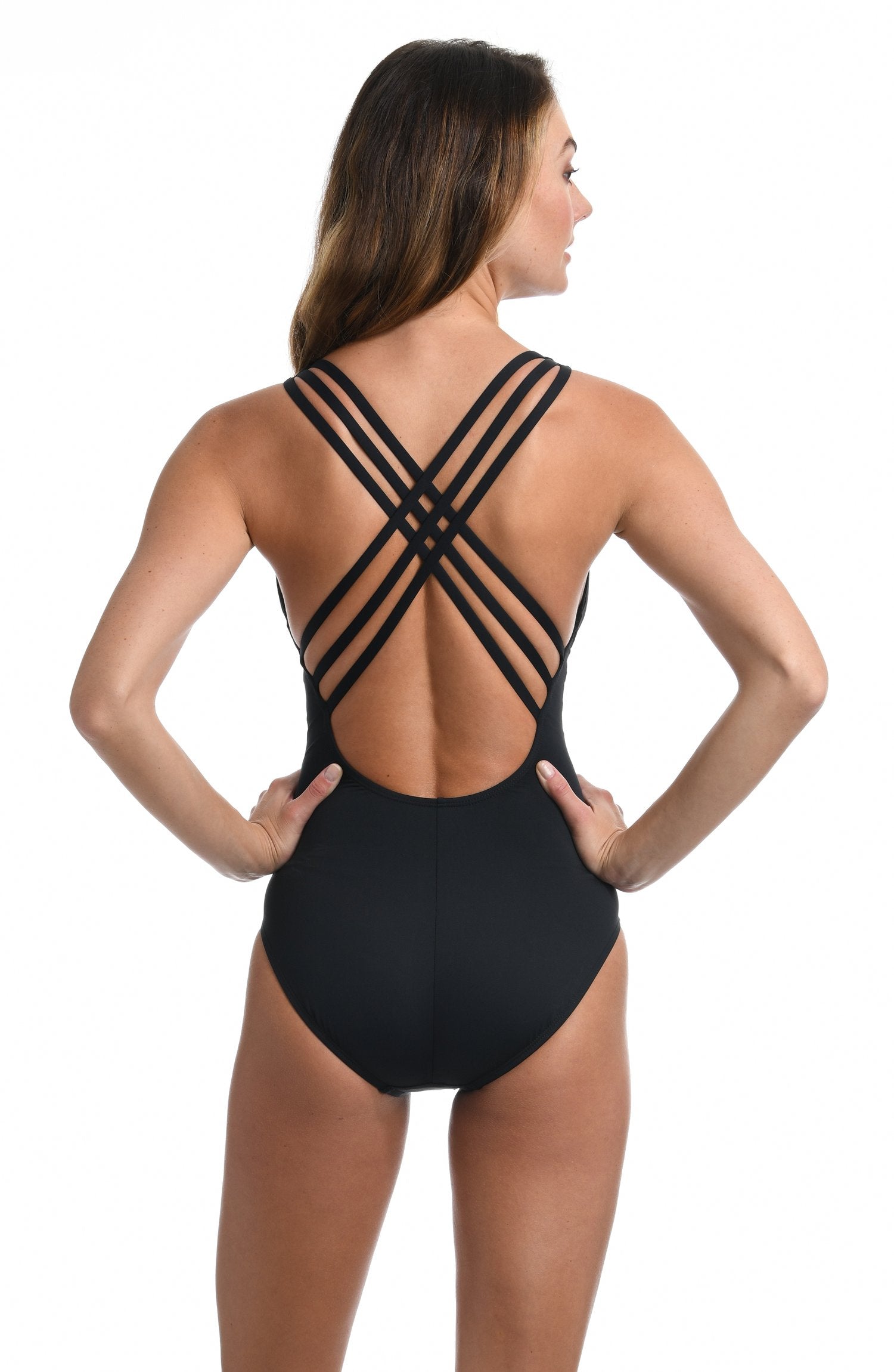 La Blanca Island Goddess Cross Back Mio One Piece Swimsuit Black