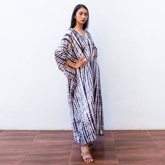 Bali Harvest Tie Dye Kaftan Dress - White Stripe FINAL SALE