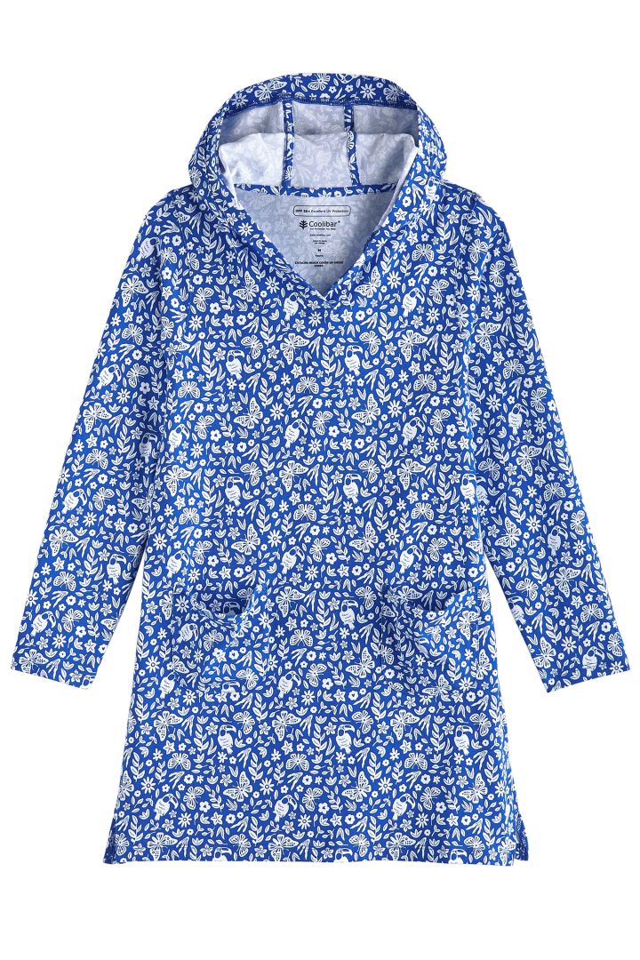 Coolibar Girl's Catalina Hoodie True Blue Jungle Floral UPF 50+ Coverup - True Blue Jungle Floral - FINAL SALE